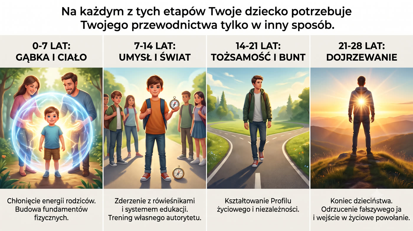 Cztery etapy rozwoju dziecka obok siebie: od zera do siedmiu lat gąbka i ciało, od siedmiu do czternastu umysł i świat, od czternastu do dwudziestu jeden tożsamość i bunt, od dwudziestu jeden do dwudziestu ośmiu dojrzewanie. Na każdym etapie dziecko potrzebuje przewodnictwa rodzica, tylko w inny sposób.